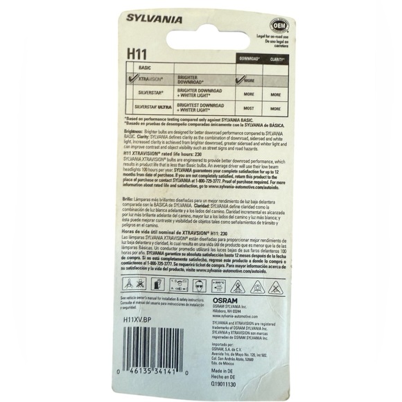 Sylvania XtraVision H11 Headlight Bulb, new in package - Picture 2 of 2